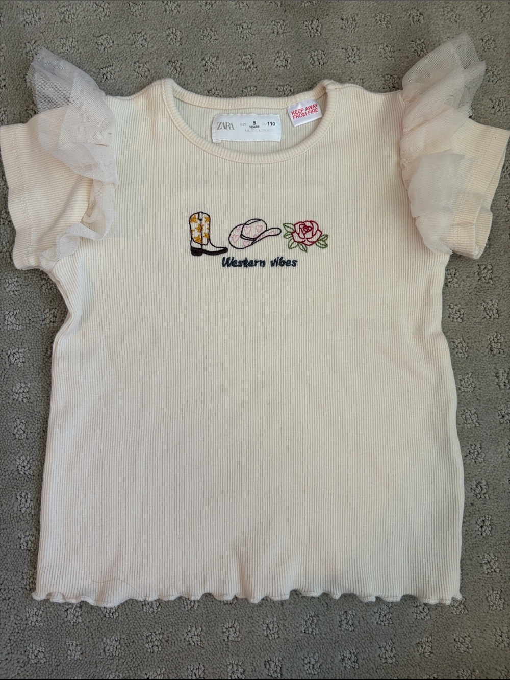 Zara Girls Ribbed “Western Vibes” Tee | Size 5 | Excellent Condition 🤠🌸